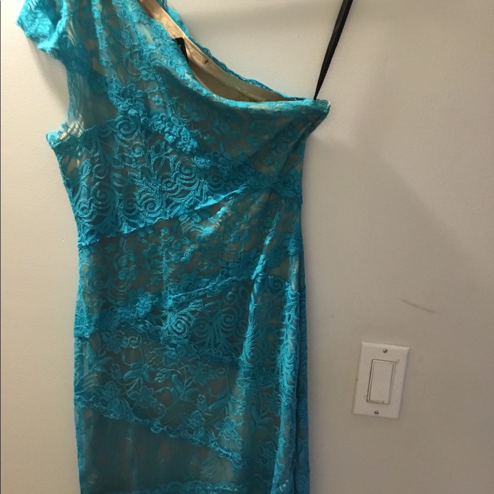 Beautiful turquoise laced one shoulder dress